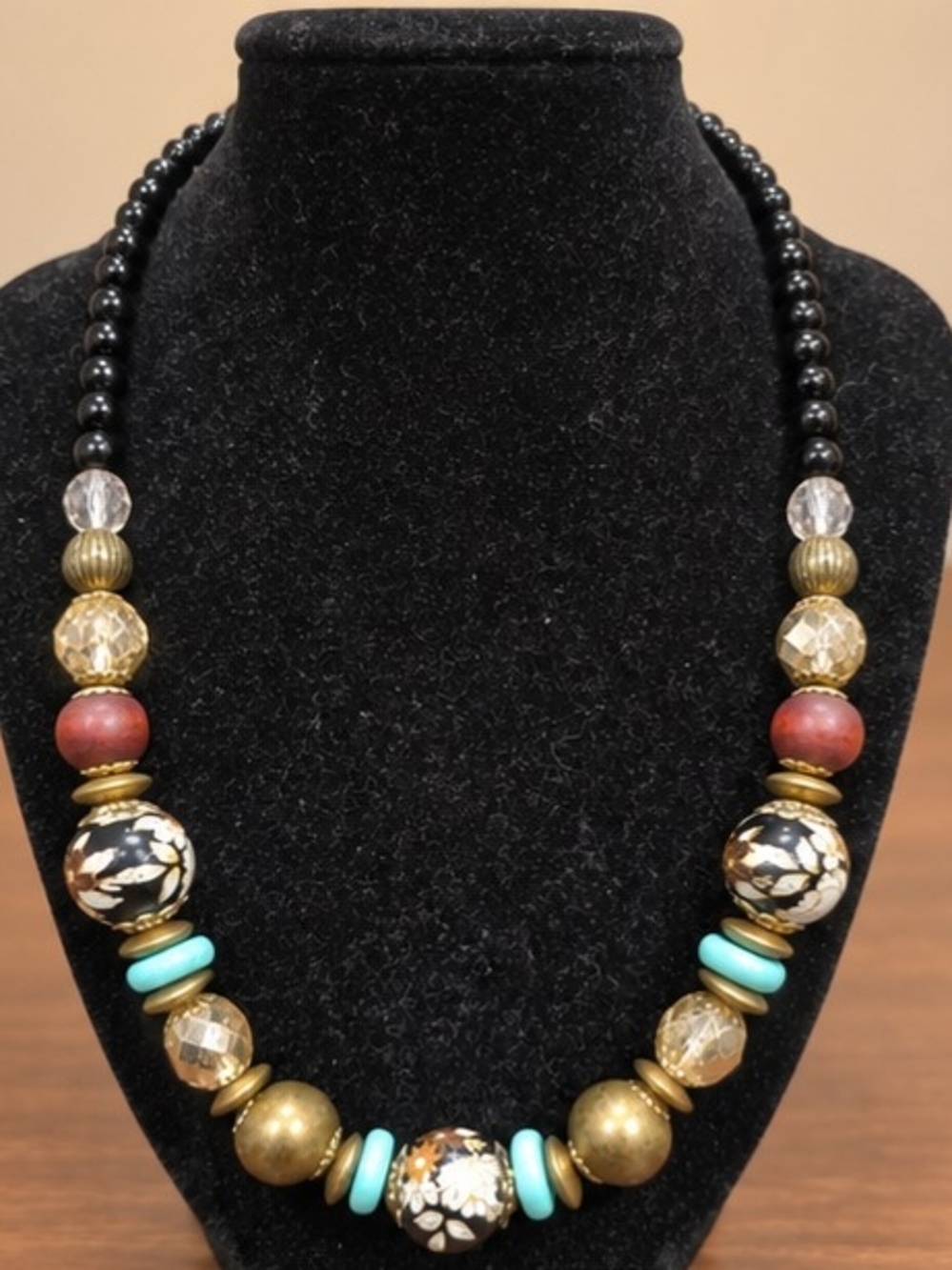 Boho Mixed Bead Statement Necklace Black Floral Turquoise Gold Tone